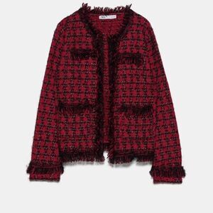 ZARA Cherry Red Black Plaid Houndstooth Check Tweed Boucle Fringe Jacket Blazer